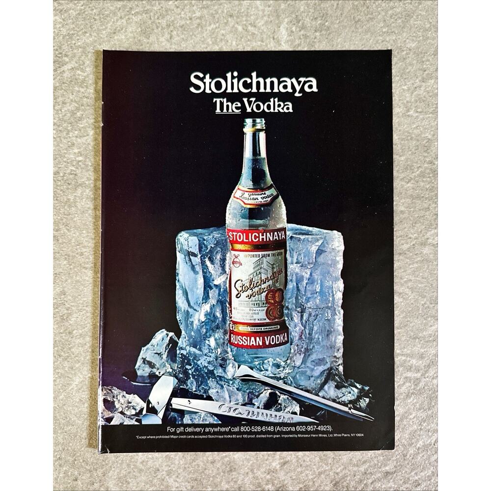 1985 Print Ad Stolichnaya Russian Vodka in Block of Ice Vintage